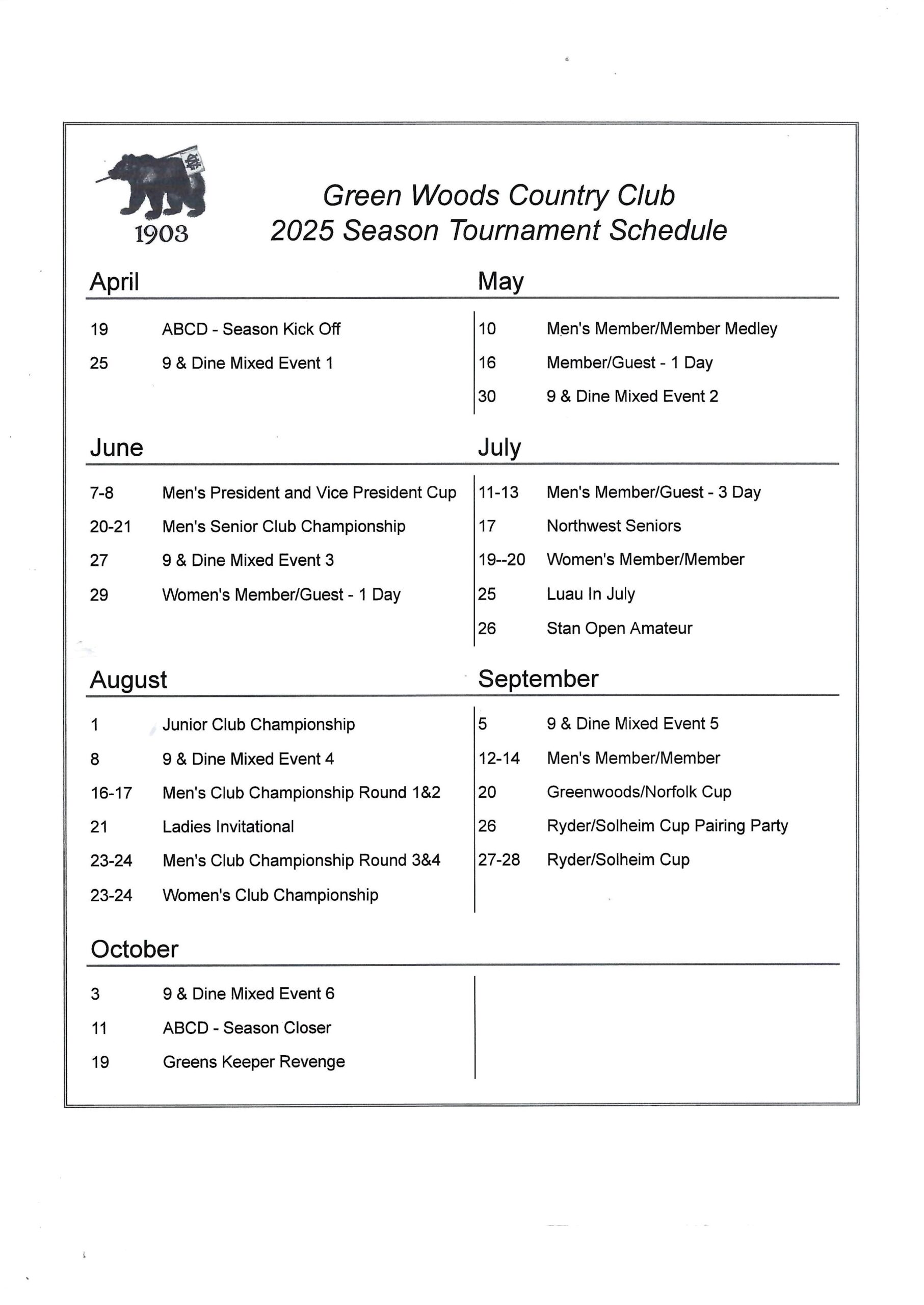 2025 tournament schedule